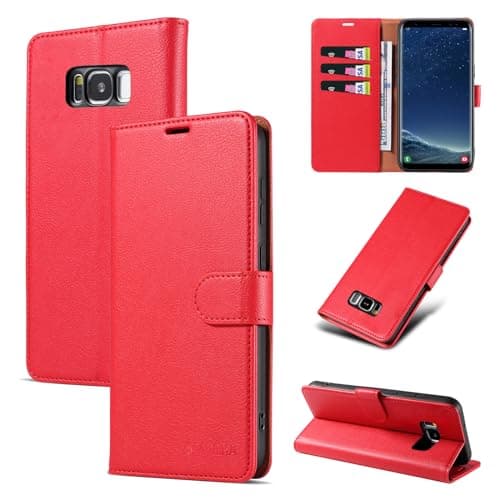 Image of STAWLKA Case for Samsung Galaxy S8, Premium PU Leather Flip Magnetic Buckle Wallet Case Kickstand Blocking RFID Shockproof Protective Phone Cover for Samsung Galaxy S8 - Red
