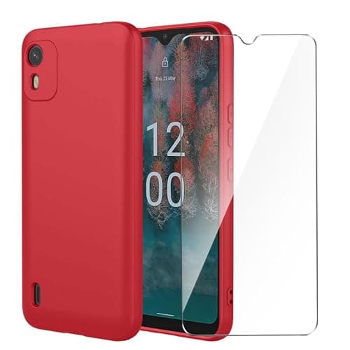 Image of LYZXMY Case for Nokia C12 / Nokia C12 Pro/Nokia C12 Plus with 1 x Tempered Film Glass Screen Protector - Red Cover Soft Flexible Bumper Silicone TPU Shell (6.3")