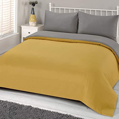 Image of Brentfords Plain Dye Duvet Cover Quilt Bedding Set With Pillowcase, Ochre Yellow Mustard Grey - Double