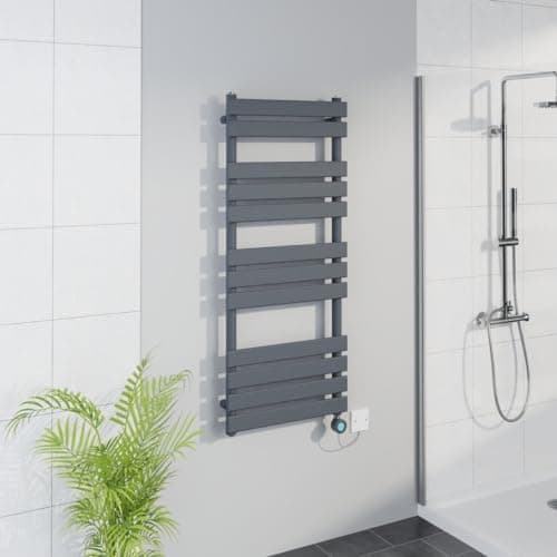 Image of Warmehaus Smart WiFi Thermostatic Electric Bathroom Flat Panel Heated Towel Rail Warmer Radiator with Timer 1200x500mm - Sand Grey