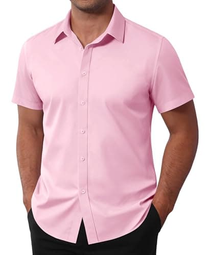 Image of siliteelon Men's Short Sleeve Pink Dress Shirts Stain Shield Stretch Non Iron Business Casual Button Down Shirts