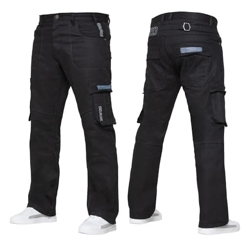 Image of 989Zé ENZO Mens Cargo Combat Jeans Casual Cotton Denim Straight Leg Pants Trousers Black 32W / 32L
