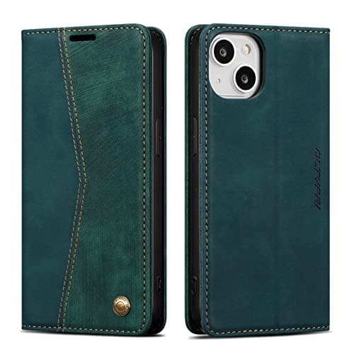 Image of QLTYPRI Wallet Case for iPhone 15 6.1 inch, Vintage PU Leather Folio Case with Card Slots Kickstand Magnetic Closure Shockproof Flip Phone Cover for iPhone 15 - Green