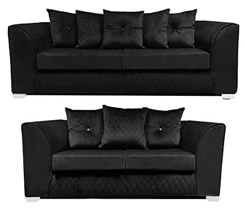 Image of Victoria Black Plush Velvet Sofa Suite with Chrome Feet - 3, 2 Seaters for Living Rooms (Black, Sofa Set 3+2)