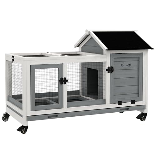 Image of PawHut Wooden Rabbit Hutch with Wheels, Guinea Pig Cage, Small Animal House for Outdoor & Indoor with Slide-out Tray, 108 x 58 x 73.5cm, Grey