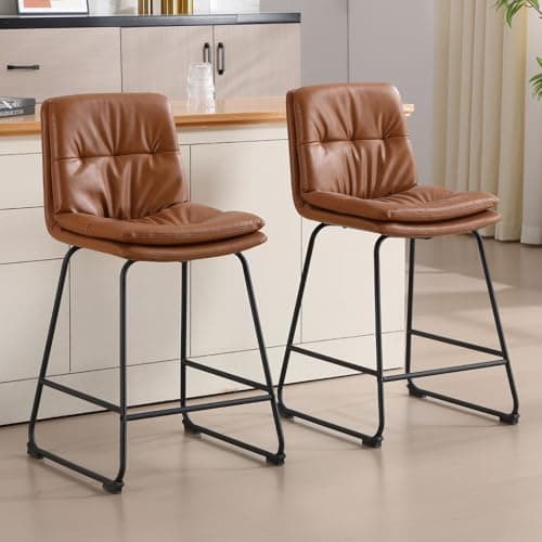 Image of chairus Modern Bar Stools Set of 2 PU Leather Kitchen Counter Stools with Back & Footrest, Breakfast Counter Chairs with Metal Legs for Kitchen Island/Pub, Brown