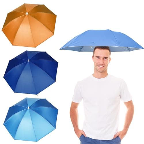 Image of QhgPnt 3 Pack Umbrella Hat, Hands-Free Head Umbrella for Adults, Wide 53cm Diameter, Ideal for Fishing, Gardening, Hiking, Camping, Photography, Available in Blue, Sky Blue, Orange