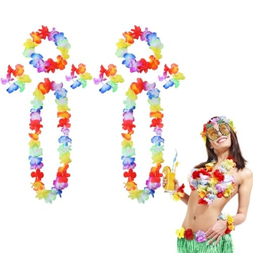 Image of WchoeSS 8 Pcs Hawaiian Leis Sets, Hawaiian Garlands, Hawaiian Necklace Headbands Bracelet, Tropical Theme Party Decorations Vibrantly Colored Hawaiian Fancy Dress Party accesscories