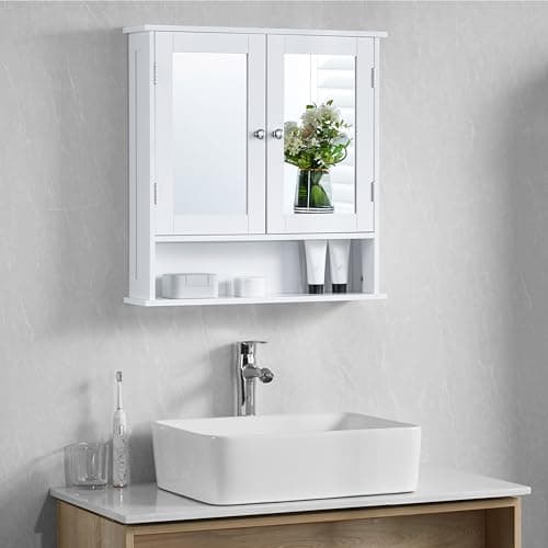 Image of Bath Vida Double Door Bathroom Cabinet, Wood, White, Mirrored Wall Mounted Storage Furniture