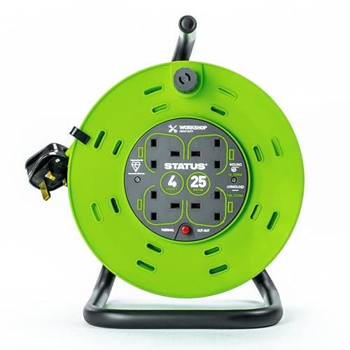 Image of STATUS 4 Socket Cable Reel, 25m, Green, 13 Amp, Thermal Cut Out, Heavy Duty, Outdoor Extension Lead, Ideal for Garden, Workshop, DIY, Power Tools (S25M13ACR2)