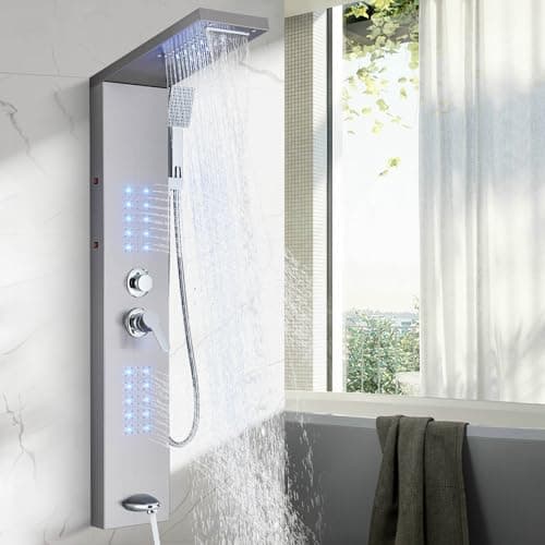 Image of TVTIUO Shower Panel Tower System with LED, Brushed Stainless Steel Shower Column, 5 Functions Bathroom Shower System with Waterfall Rainfall Shower, Massage Jets, Hand Shower & Tub Spout