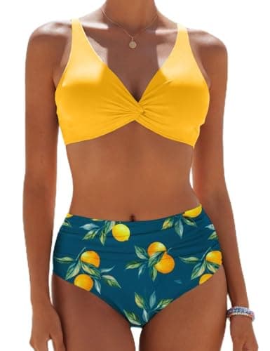 Image of CheChury Bikini Sets for Women 2 Piece Push Up Swimsuits Ruched High Waisted Swimming Costume Twist Front Swimwear Bathing Suits UK,Yellow,M