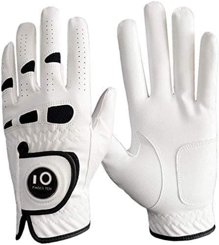 Image of FINGER TEN Golf Gloves Men Left Hand Right with Ball Marker Cabretta Leather Weathersof Value Pack, Rain Grip Golf Glove Mens Wear Resistant (M/L, 1 Pack (Worn on Left Hand)
