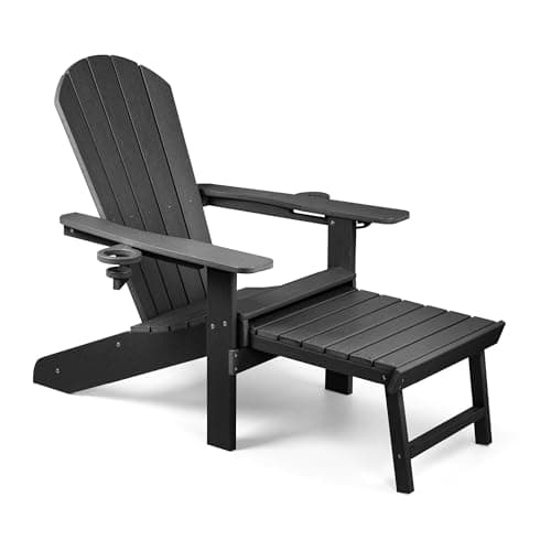Image of VonHaus Black Adirondack Chair - Reclining Slatted Style Garden Chair with Pull-out Footrest - Durable Weather Resistant HDPE Plastic Outdoor Armchair for Patio & Decking - Westport