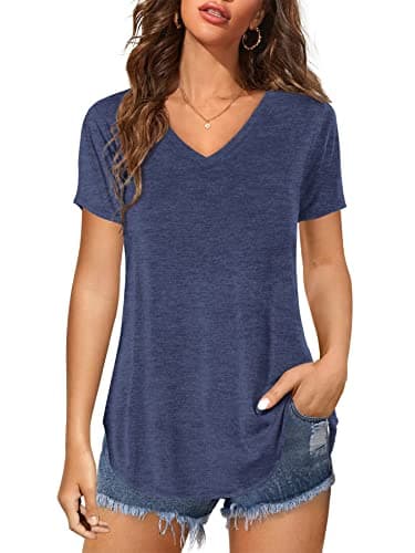 Image of Florboom Womens Short Sleeve T-Shirts V Neck Shirts Irregular Hem Tops, Navy Blue 16 18