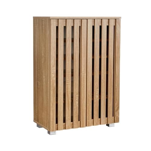 Image of Home Source 2 Door Wooden Shoe Storage Cabinet Rack Stand, Slatted Cupboard, Oak Effect