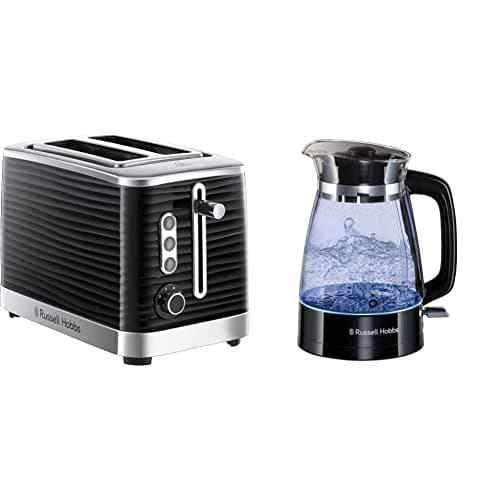 Image of Russell Hobbs 24371 Inspire High Gloss Plastic Two Slice Toaster, Black & 26080 Hourglass Cordless Electric Glass Kettle - Artisan Inspired Design, 1.7 Litre, 3000 Watt