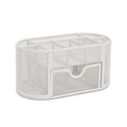 Image of OSCO Wire-Mesh Desk Organiser with Drawer – 8 Compartment Metal Mesh Desk Tidy & Office Storage Pen Holder for Home, Office, Study, Rulers, Scissors, Smartphone – White