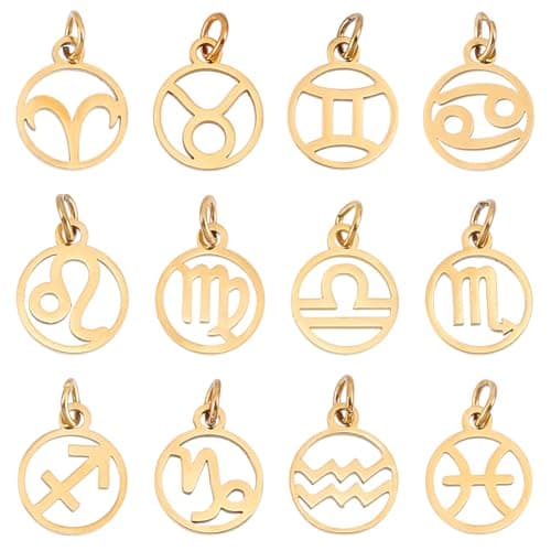 Image of UNICRAFTALE about 12Pcs Real 18K Gold Plated 12 Constellations Charm 304 Stainless Steel Zodiac Sign Pendants Charms Flat Round with Constellation Pendant for DIY Jewelry Craft Making