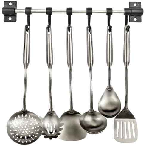 Image of Kitchen Utensil Holder Rack Storage Rail Wall Mounted Tool Hanger With 6 Movable And Removable Sliding Hooks Space Saver Stainless Steel Tools Organizer Utensils Hanging Organize Bathrooms (1 Pack)