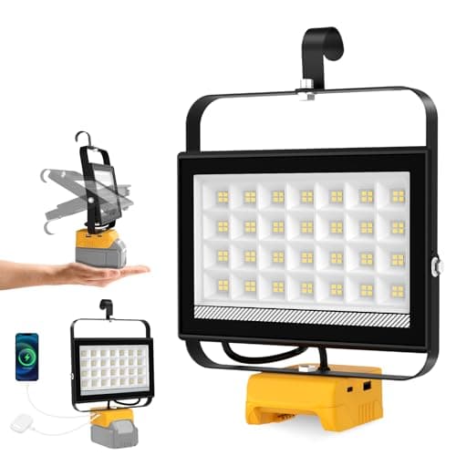 Image of ILIKEPOW Cordless LED Work Light Compatible with dewalt Battery, 6500LM Portable Rotatable Floodlight with USB-C Charging, Job Site Lighting for Outdoor Workshop Camping Fishing Emergency