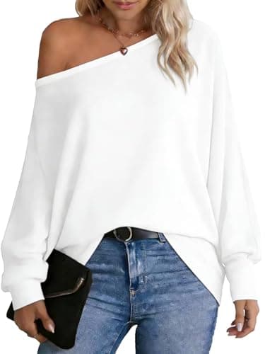 Image of Dressmine White Shirts for Women Ladies Long Sleeve T Shirt Off Shoulder Sweater Batwing Sleeve Top Oversized Jumper Size 14