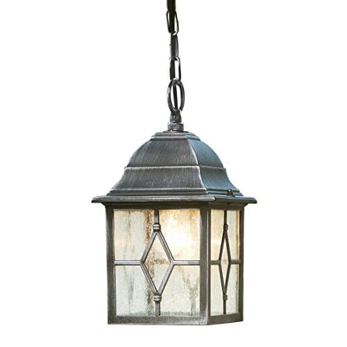 Image of Traditional Style Black Silver Outdoor Security IP Rated Hanging Porch Chain Lantern Light with Leaded Style Cathedral Glass Panels - LED Compatible