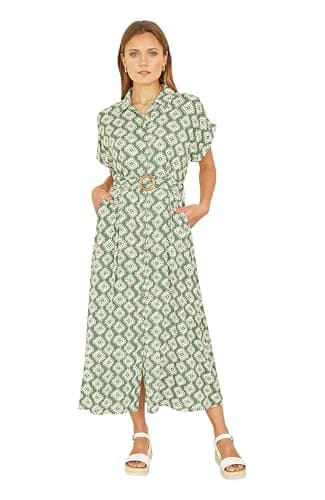 Image of Yumi Green Viscose Midi Shirt Dress, Button-Up Design with Belt, 124cm Length (UK, Numeric, 14, Regular, Regular, Green)