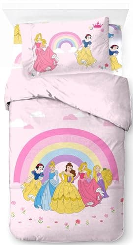 Image of Jay Franco Disney Princess Rainbow 100% Cotton 3 piece Single Bedding Set - Includes Duvet Cover, Fitted Sheet & Pillowcase