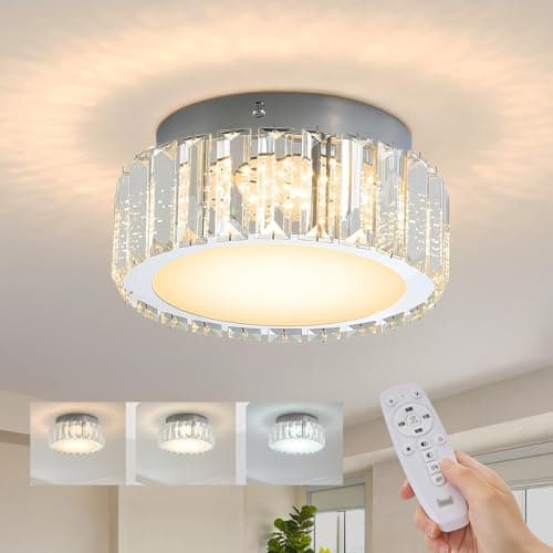 Image of Warmiehomy Small Crystal Ceiling Light,20cm Dimmable Modern LED Crystal Ceiling Lamp with Remote Control,18W Semi Flush Mount Ceiling Lighting for Living Room Kitchen Hallway