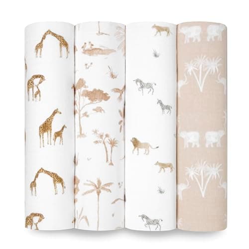 Image of aden + anais Swaddle Blanket, 100% Organic Cotton for Girls & Boys, Baby Receiving Swaddles, Ideal Newborn & Infant Swaddling Set, 4 Pack, Safari Dream