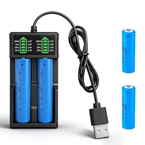 Image of NAVESO Battery Charger Set with 2 Pack 3.7V 2200mAh Li-ion Battery, Rechargeable Battery with USB Charger 3.7v 2200mAh, USB 2 Slot Charger with LCD Display Smart for Flashlight, Small Fan, Radio