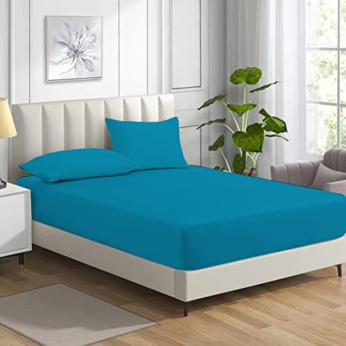 Image of MistyMorning Double Fitted Sheet 11''/28cm Deep Pocket Fitted Bed Sheets Double 137x190cm, Egyptian Cotton 200 Thread Count, Soft Breathable Bedding & Linen Easy Care. (Teal, Double)