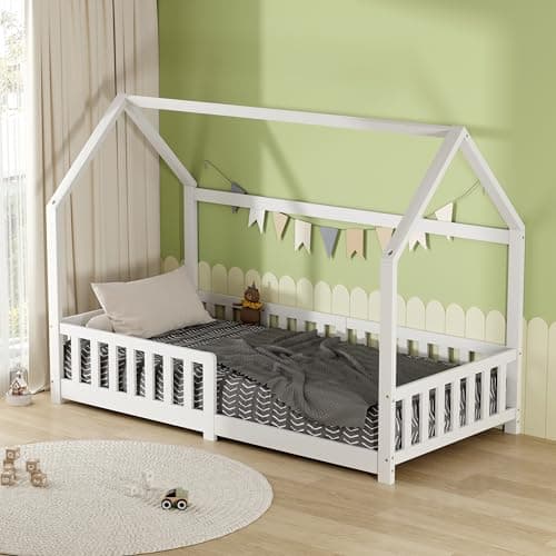 Image of AVC Designs Junior Wooden House Bed Toddler Solid Pine Wood Modern Children Kids Junior Bed Frame White