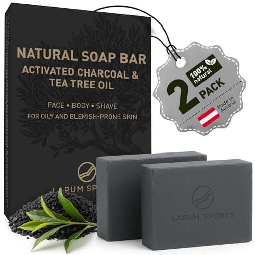 Image of larum sports Charcoal Soap Bar – Black Soap for Face and Body – Acne Soap Bar with Activated Carbon, Tea Tree Oil and Zinc – Natural Vegan Cleansing Bar for Oily and Blemish Prone Skin – 2x 85 g