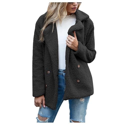 Image of Ladies Cozy Winter Warm Cardigans with Buttons Casual Chunky Fleece Jacket Cardigan Hoodies Oversized Ladies Teddy Lapel Plush Faux Fur Coats Black 3XL