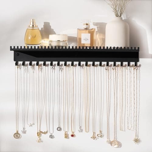 Image of Josmimic Necklace Holder Wall Hanging Organizer: Wall Mounted Jewelry Shelf with 56 Hooks and Tray, Display Hanger for Kids, Girls and Women, Black & Metal