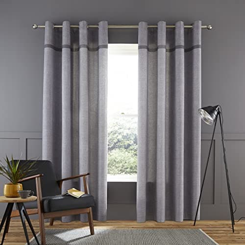 Image of Catherine Lansfield Melville Woven Texture Cotton 66x72 Inch Eyelet Unlined Curtains Two Panels Grey