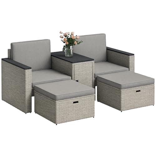 Image of Outsunny 5 Piece Rattan Garden Furniture Set, Nesting Outdoor Furniture Conversation Set with 2 Footstools, WPC Storage Coffee Table and Cushions, Wicker Garden Sofa for Conservatory, Terrace, Grey