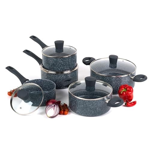 Image of Russell Hobbs® COMBO-4843A Blue Marble Non-Stick Saucepan and Stock Pot Set, 16/18/20/24 cm, 5 Piece, Induction Hob Suitable, Cook with Less Oil, Soft Bakelite Handles