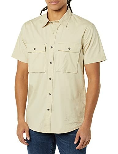 Image of Amazon Essentials Men's Standard-fit Short-Sleeved Two-Pocket Utility Shirt, Light Khaki Brown, L