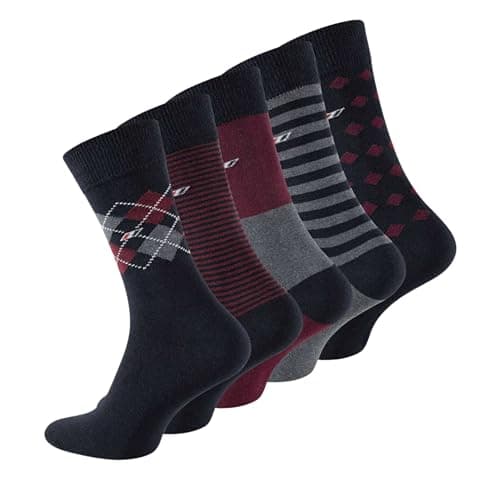 Image of Wonky Line Men's Cotton Socks, 5 Pairs Breathable Business Daily Casual and Formal Socks Calf Length, Plain Stripe Argyle