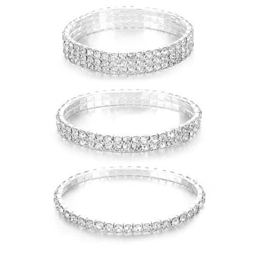 Image of 3PCS Rhinestone Bracelet for Women - Sparking Silver Multilayer Crystal Jewelry Set for Women, Stackable Charm Bangle for Date Night Bridal Wedding Birthday Party Favor, Fit for Diamonds Outfits