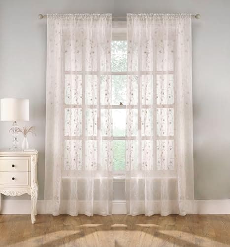 Image of Tyrone Textiles Pair of Belle Cream Floral Embroidery Sheer Voile Panels with Sequins 183 CMS