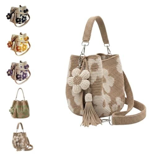 Image of Y-M-H Handmade Crochet Flower Tote,Summer Vacation Travel Women Beige Mesh Knit Shoulder Bag,3D Floral & Tassel Accents (White)