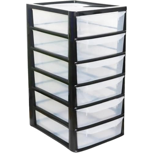 Image of ALEEZ - A4 Drawer Storage Unit - 6 Tier Desktop Clear Plastic Drawers - Office, Tabletop, School, Home, Bedroom Tower - Stationery, Tools, Makeup Organizer with Clear Drawers (6 Drawer Black)