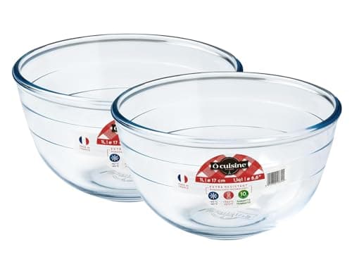Image of Ôcuisine® Bowl Glass Round Mixing & Prep Bowls | Extreme Resistance | Oven Safe - Freezer Safe - Microwave Safe | Borosilicate Glass | Made in France (Mixing Bowl 1LT (Pack of 2))