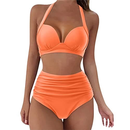 Image of High Waisted Bikini Set Push up, V Neck Bikini Top with Bottoms, Low Waisted Strappy Women's Bikini Swimsuit Triangle String Halter Bathing Suits UK Stock Sale Sports Orange