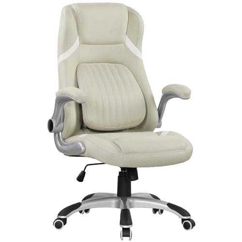 Image of Vinsetto Ergonomic Executive Office Chair, Linen-Look Fabric High Back Computer Desk Chair with Adjustable Lumbar Support, Flip-up Armrests, Rocking Function, Beige