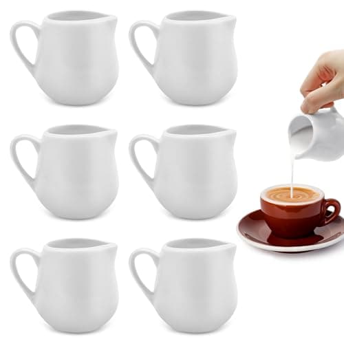 Image of Iceten 6 PCS Small Milk Jug Set - White Ceramic Frother, Creamer, Sauce Pots, Mini Tea Pot, Gravy and Coffee Jugs With Handle for Home Kitchen Office Coffee Bar (110 ml/3.9oz)